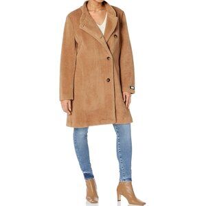 DKNY NWOT light brown soft Faux fur button up Asymmetrical Overcoat sz XXL